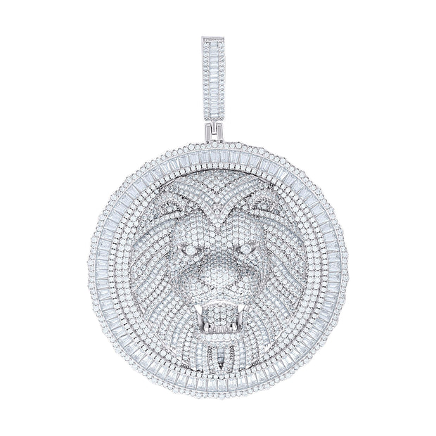 925 Sterling Silver Mens Round Baguette Cubic-Zirconia Lion Head Animal Wildlife Pendant 