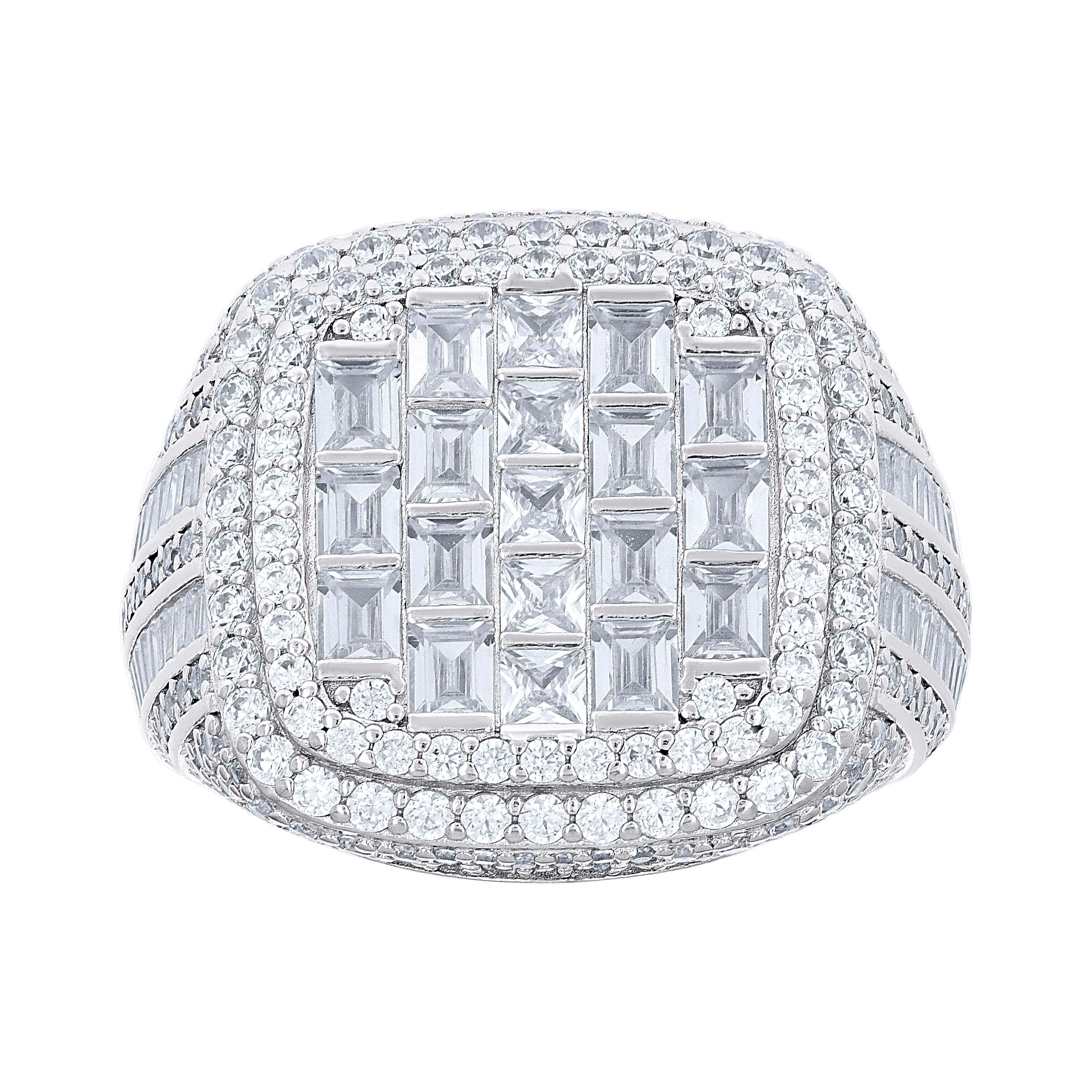 925 Sterling Silver Mens Round Baguette Cubic-Zirconia Cluster Square Head Fashion Ring Size 12 - SLV-139764