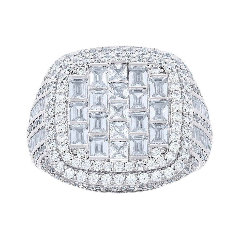 925 Sterling Silver Mens Round Baguette Cubic-Zirconia Cluster Square Head Fashion Ring Size 12 - SLV-139764