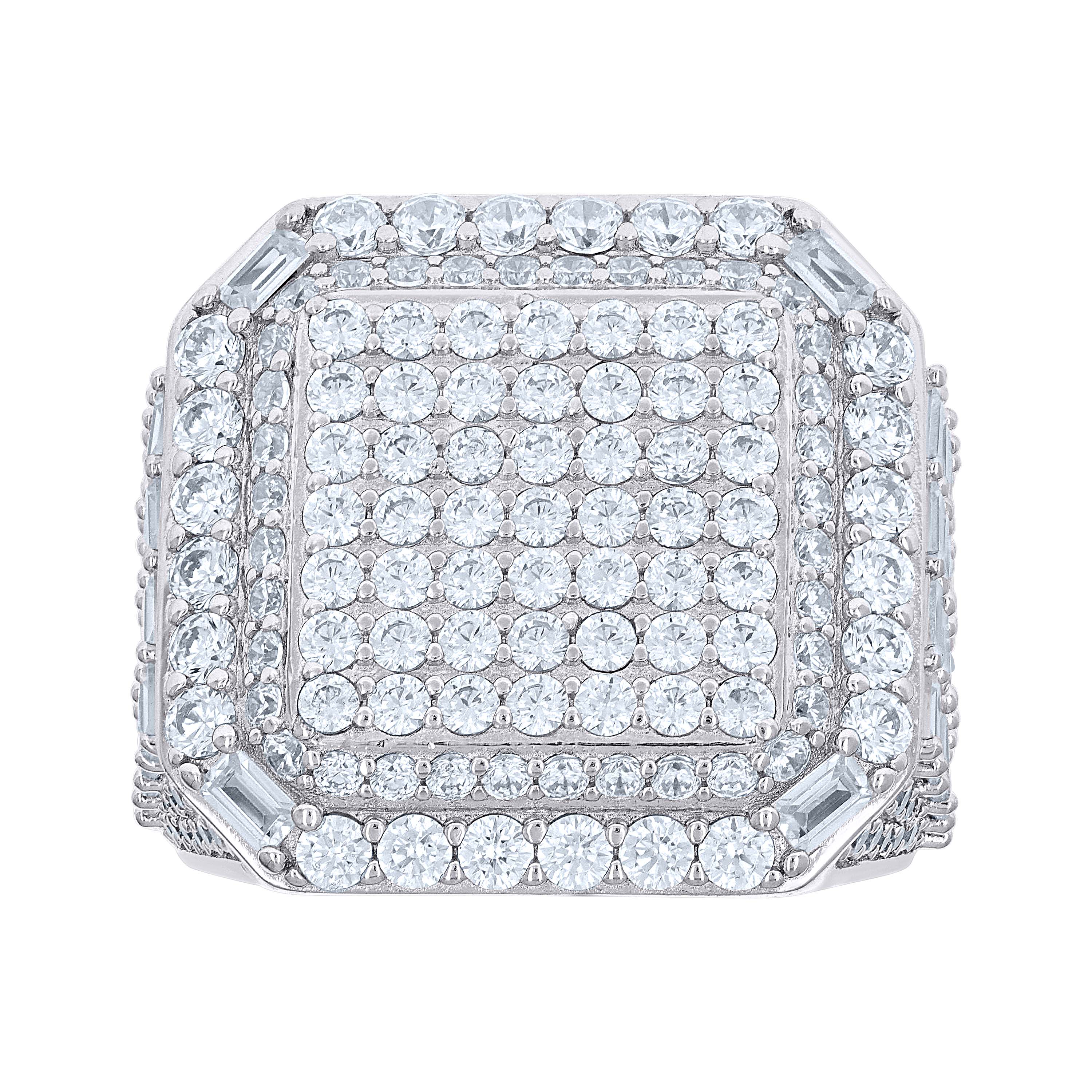 925 Sterling Silver Mens Round Baguette Cubic-Zirconia Cluster Square Head Fashion Ring Size 10