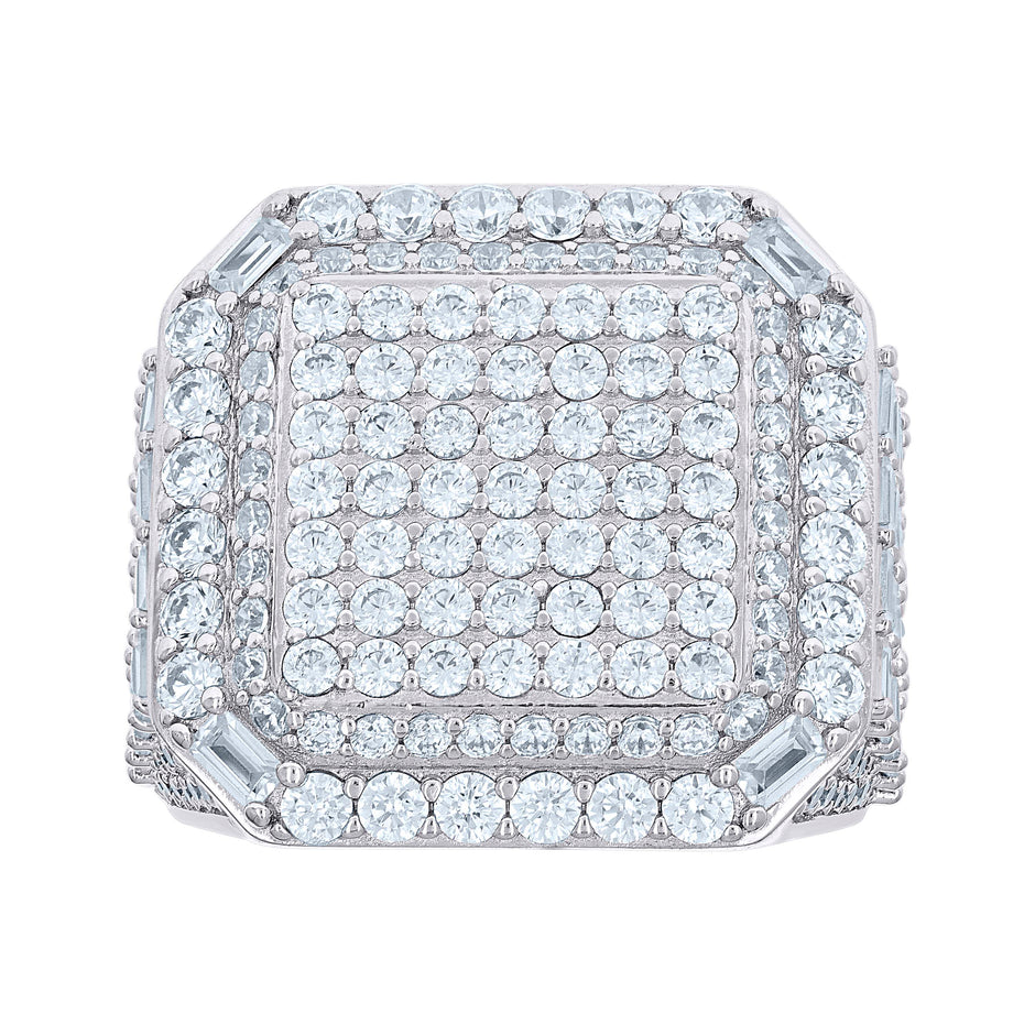 925 Sterling Silver Mens Round Baguette Cubic-Zirconia Cluster Square Head Fashion Ring Size 11 - SLV-139759