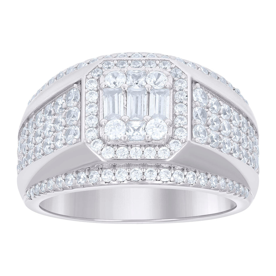 925 Sterling Silver Mens Round Baguette Cubic-Zirconia Fashion Ring Size 9