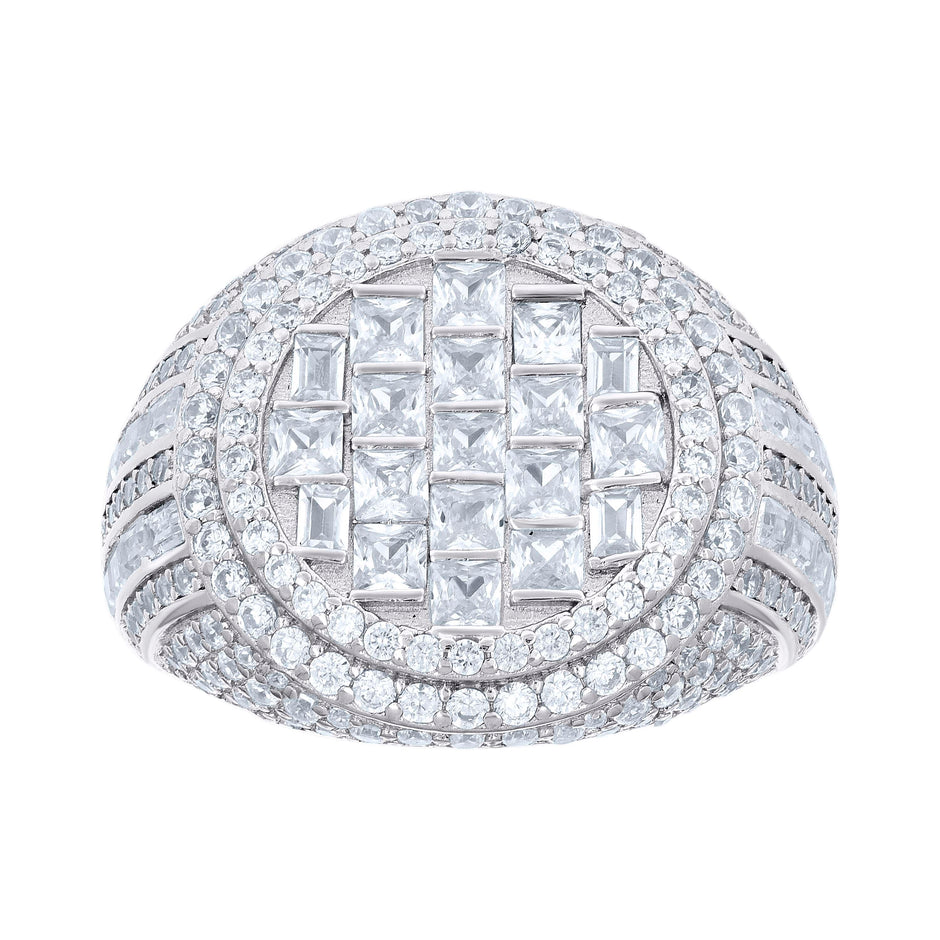 925 Sterling Silver Mens Round Baguette Cubic-Zirconia Round Head Fashion Ring Size 10