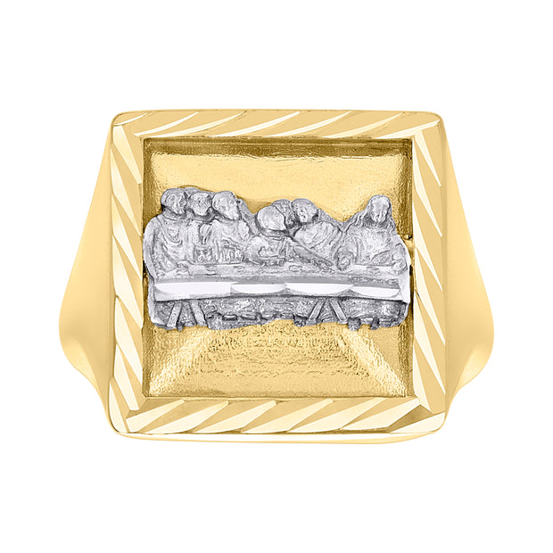14kt Two-tone Gold Mens Square Head Last Supper Religious Ring 