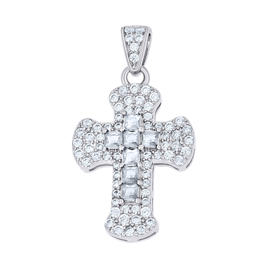 925 Sterling Silver Womens Blue White Princess-Cut Round Cubic-Zirconia Cross Religious Pendant