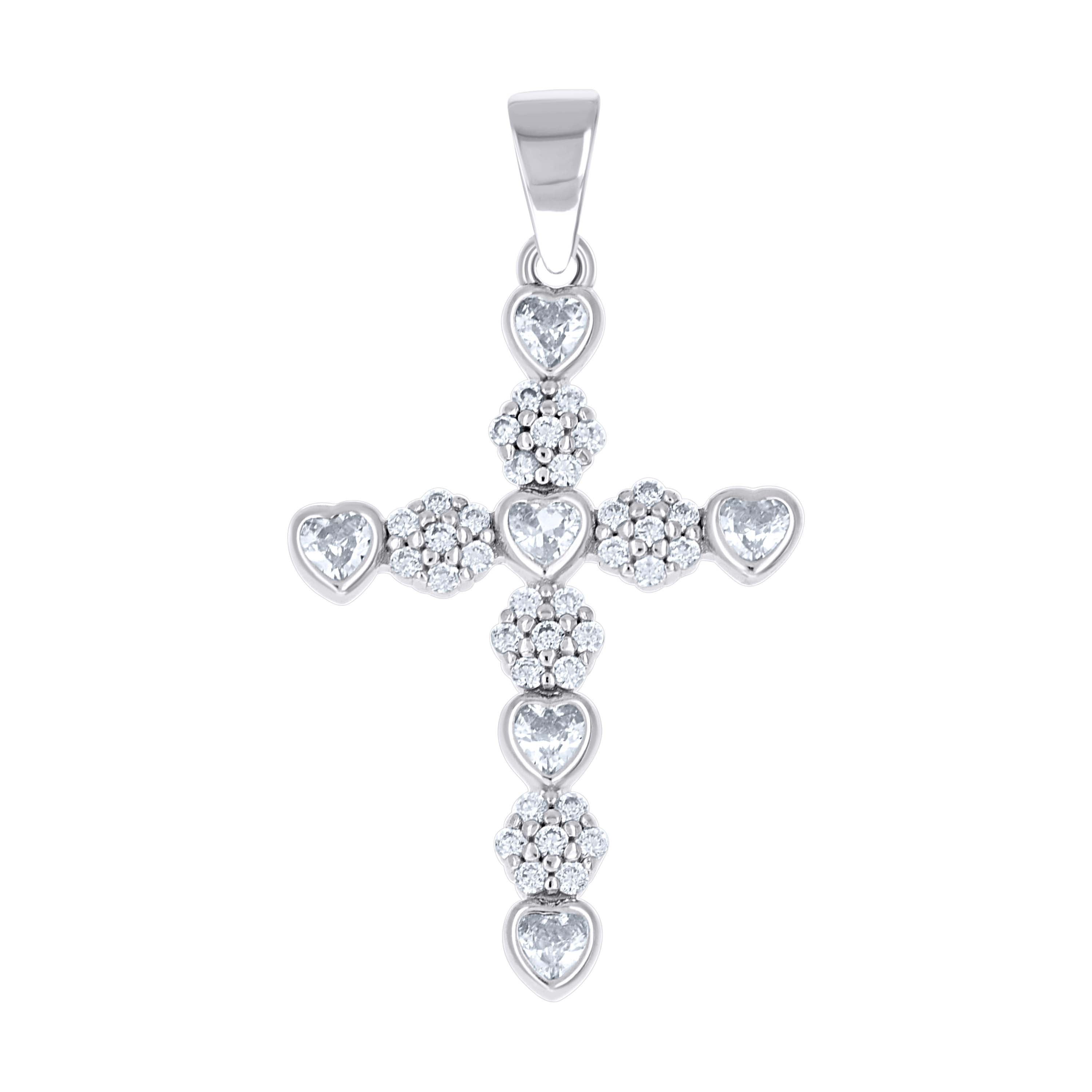 925 Sterling Silver Womens Heart Round Cubic-Zirconia Heart Cross Religious Pendant