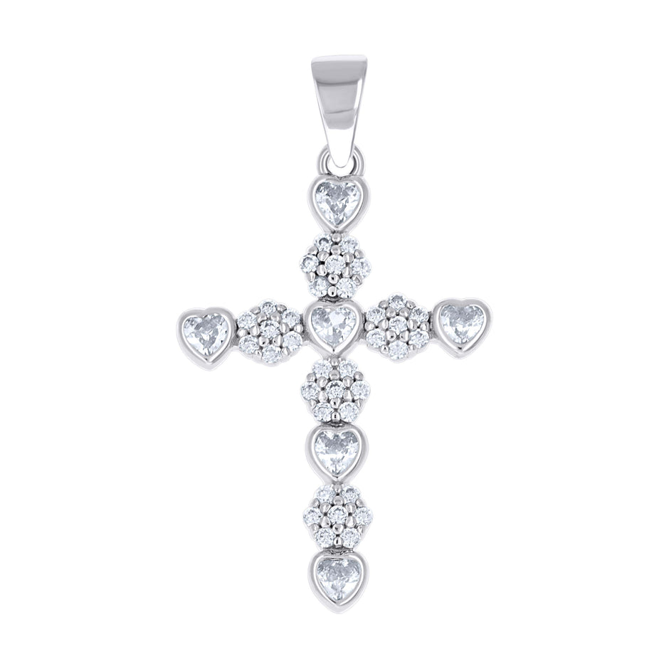 925 Sterling Silver Womens Heart Round Cubic-Zirconia Heart Cross Religious Pendant