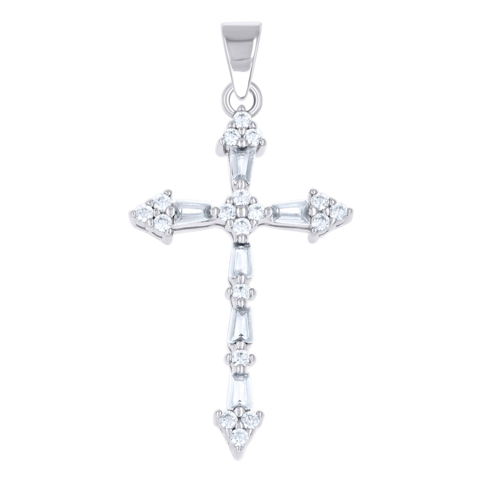 925 Sterling Silver Womens Green White Baguette Round Cubic-Zirconia Cross Religious Pendant