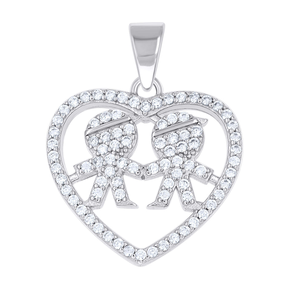 925 Sterling Silver Womens Cubic-Zirconia Boy & Boy Son & Son Heart Mom Pendant