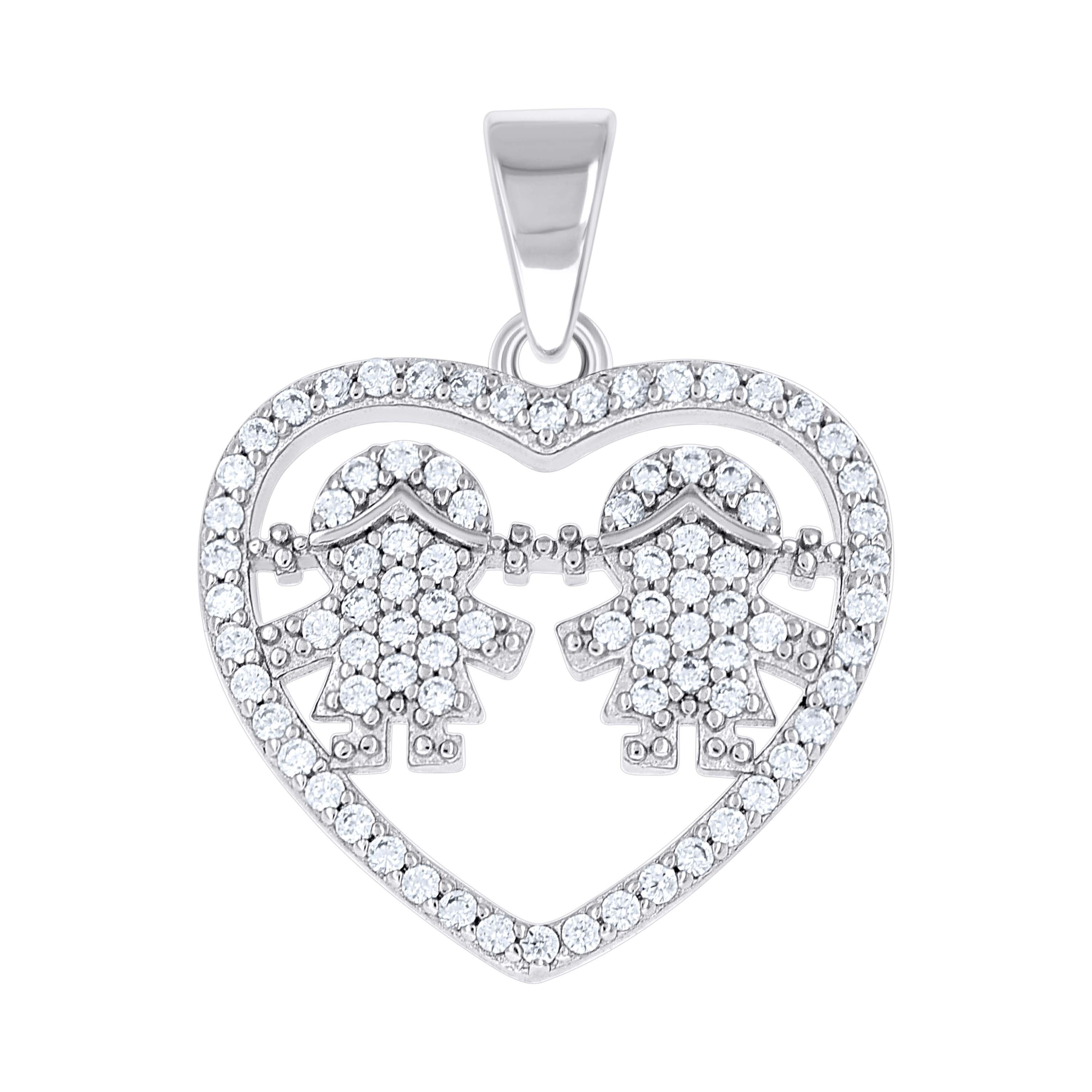 925 Sterling Silver Womens Cubic-Zirconia Girl & Girl Daughter & Daughter Heart Mom Pendant