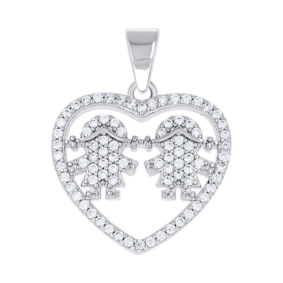 925 Sterling Silver Womens Cubic-Zirconia Girl & Girl Daughter & Daughter Heart Mom Pendant