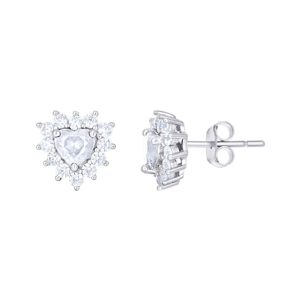 925 Sterling Silver Womens Heart Round Cubic-Zirconia Heart Stud Earrings