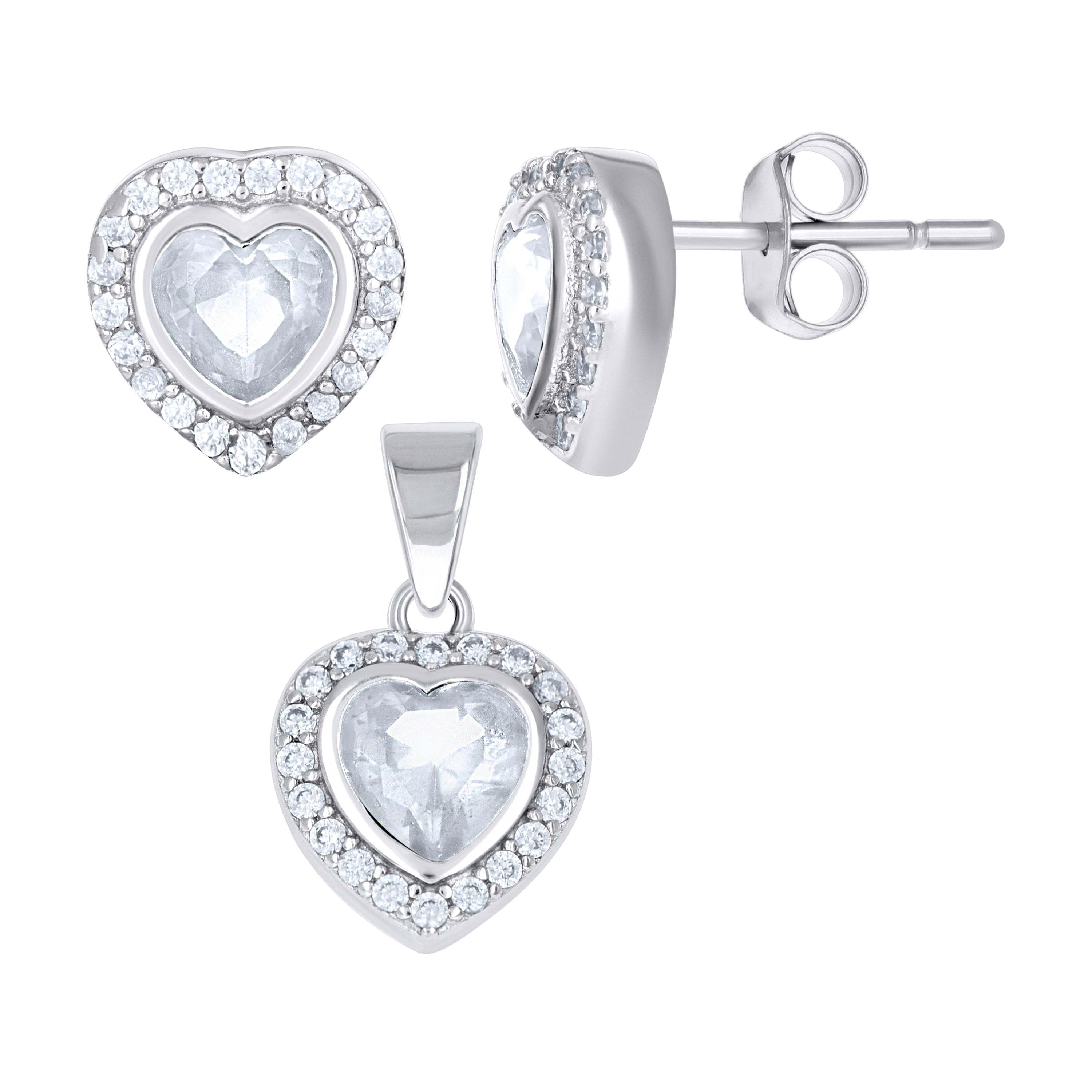 925 Sterling Silver Womens Heart Round Cubic-Zirconia Heart Stud Earrings And Pendant Set