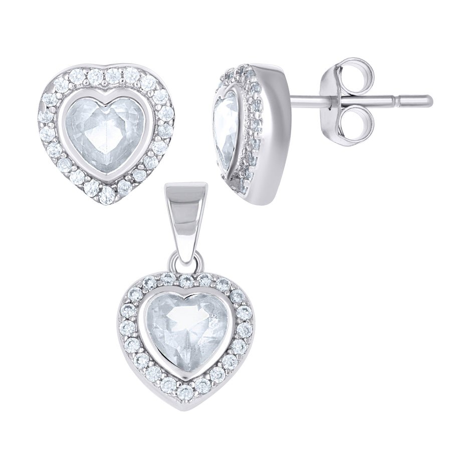 925 Sterling Silver Womens Heart Round Cubic-Zirconia Heart Stud Earrings And Pendant Set