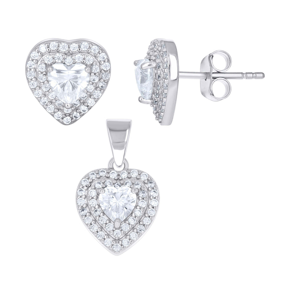 925 Sterling Silver Womens Heart Round Cubic-Zirconia Heart Earrings And Pendant Set