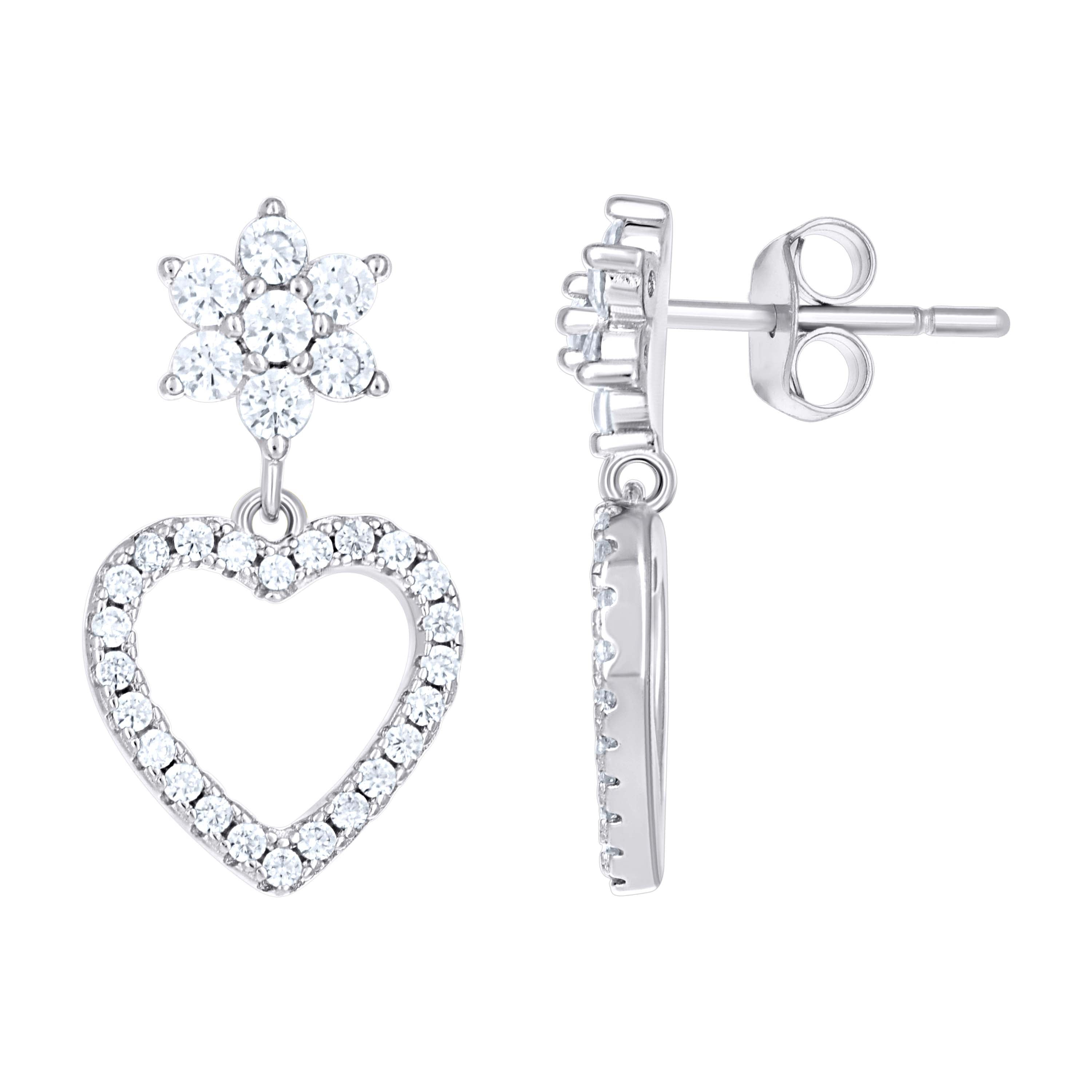 925 Sterling Silver Womens Cubic-Zirconia Heart Danglers Earrings