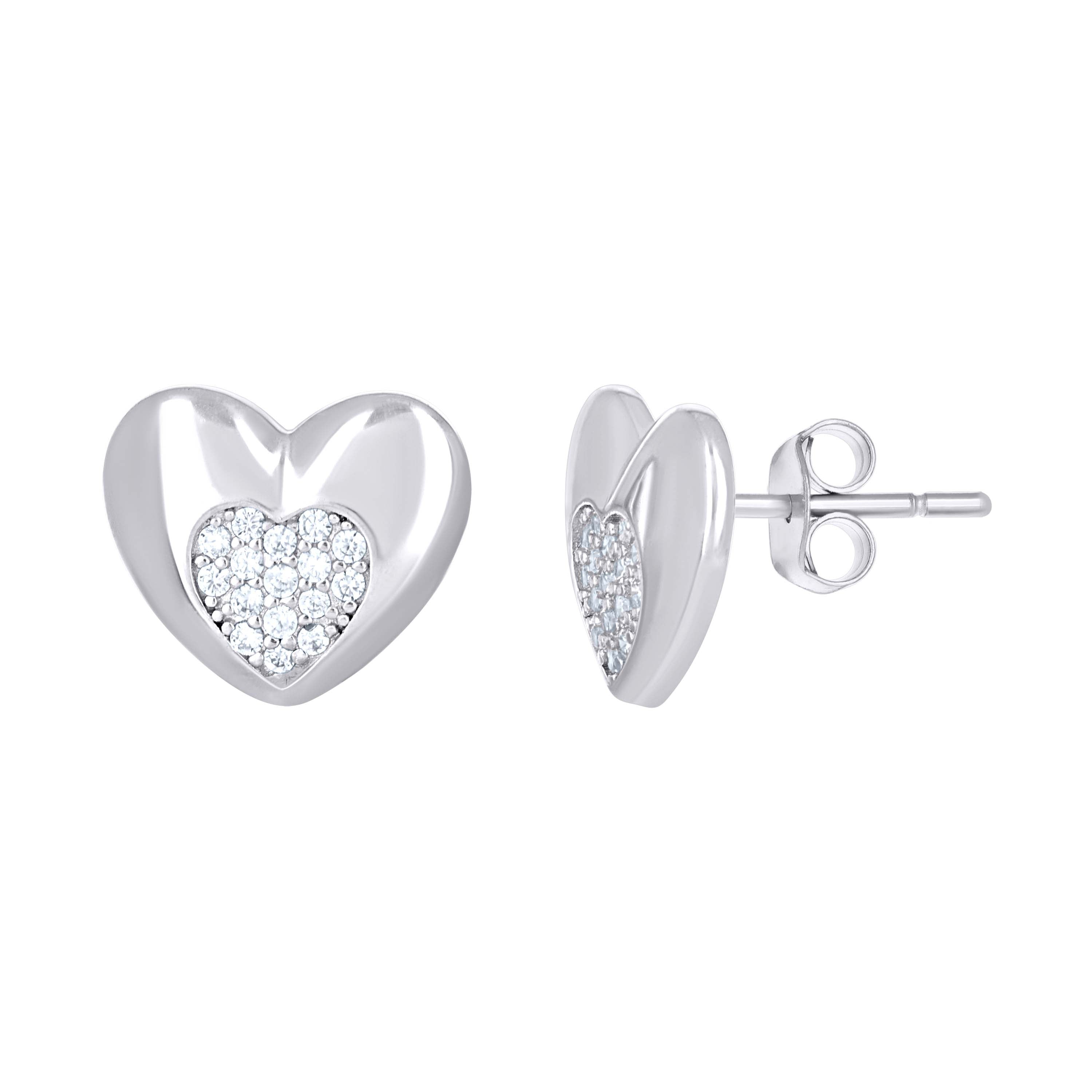 925 Sterling Silver Womens Cubic-Zirconia Heart in Heart Stud Earrings