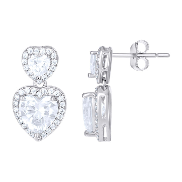 925 Sterling Silver Womens Heart Round Cubic-Zirconia Heart Danglers Earrings