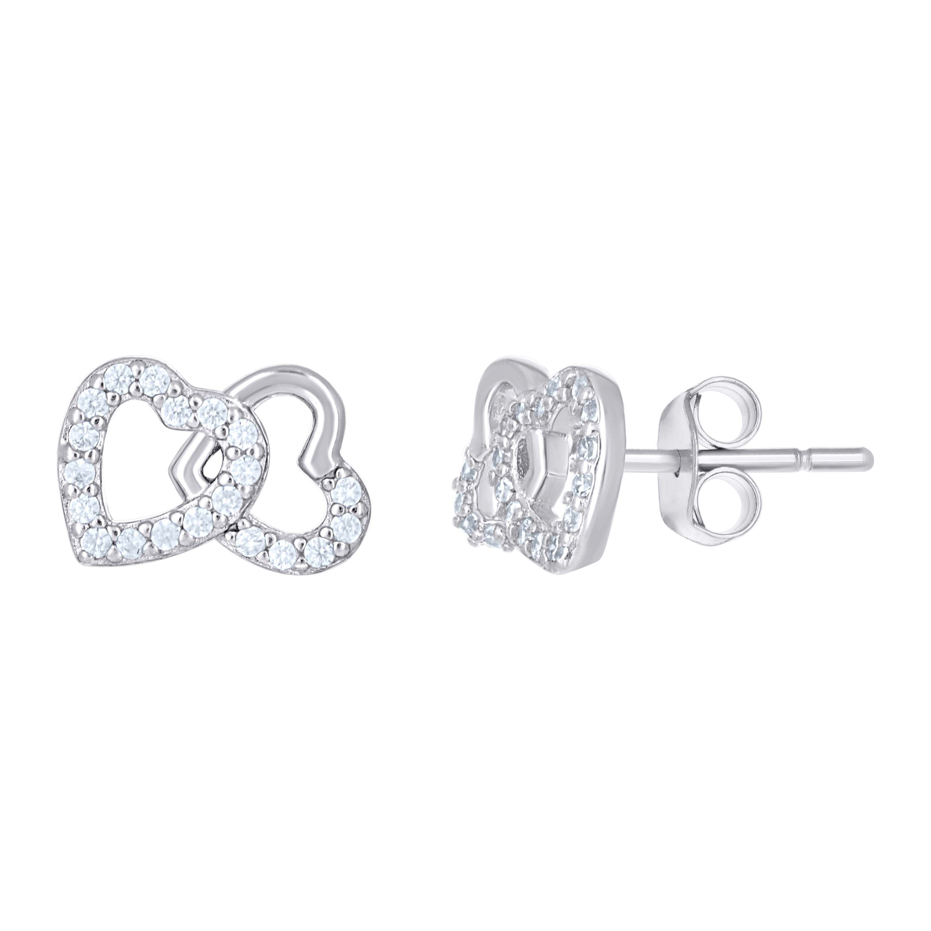 925 Sterling Silver Womens Cubic-Zirconia Two Hearts Entwined Stud Earrings