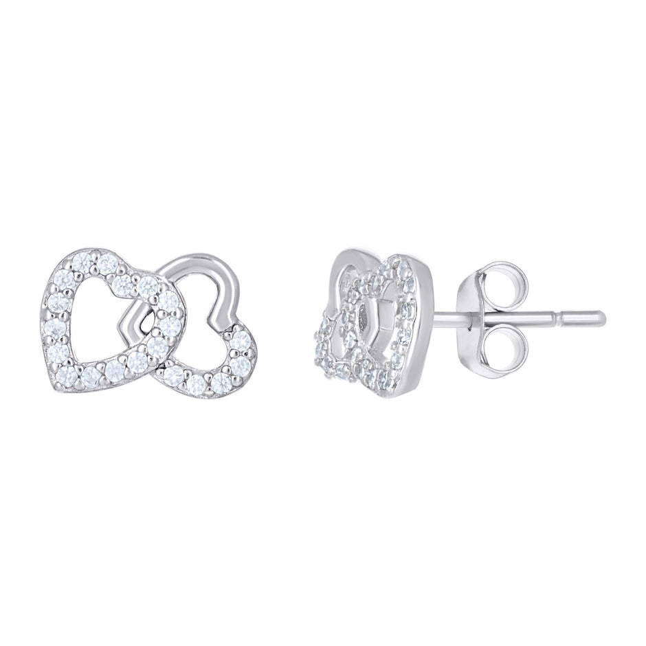 925 Sterling Silver Womens Cubic-Zirconia Two Hearts Entwined Stud Earrings