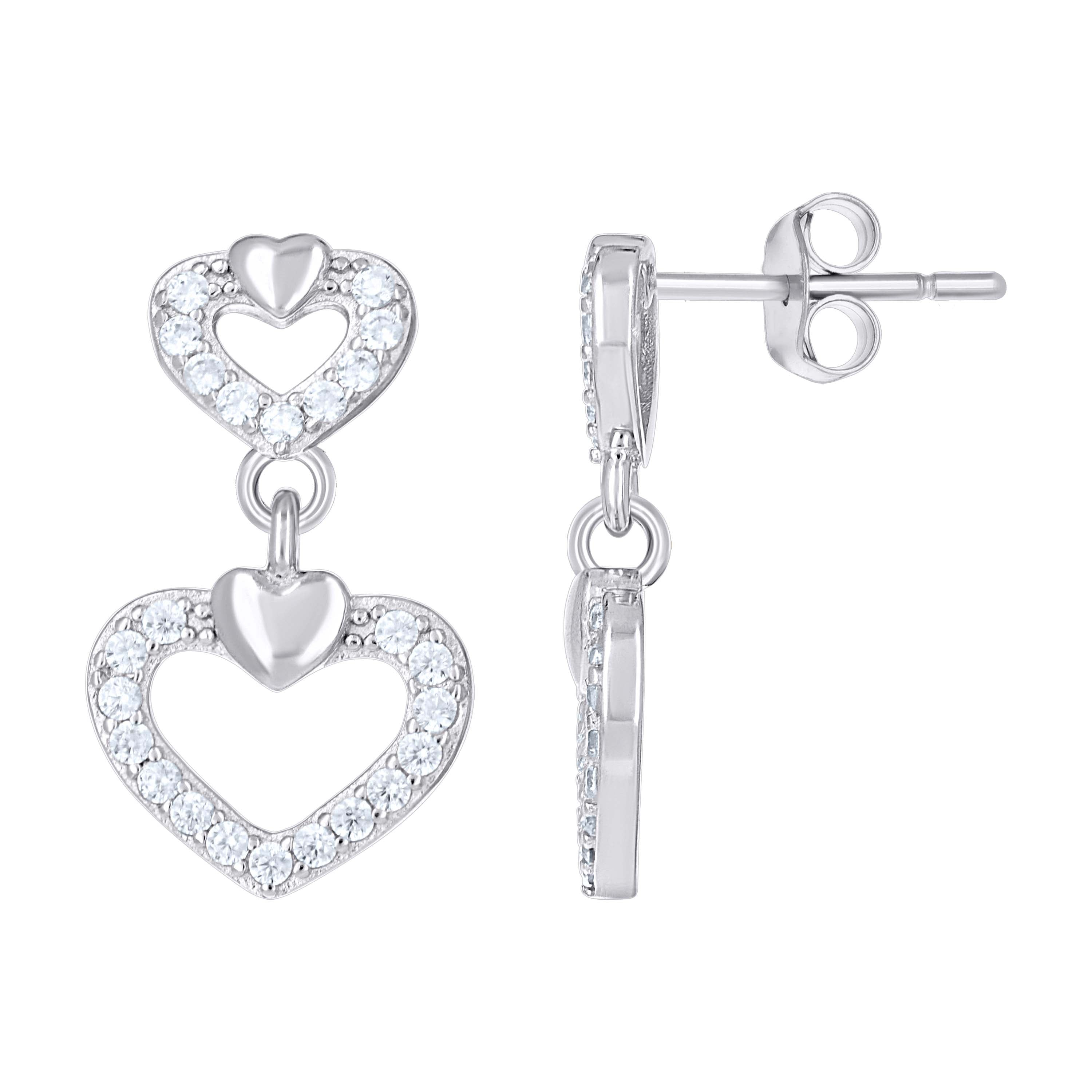 925 Sterling Silver Womens Cubic-Zirconia Dangling Hearts Danglers Earrings