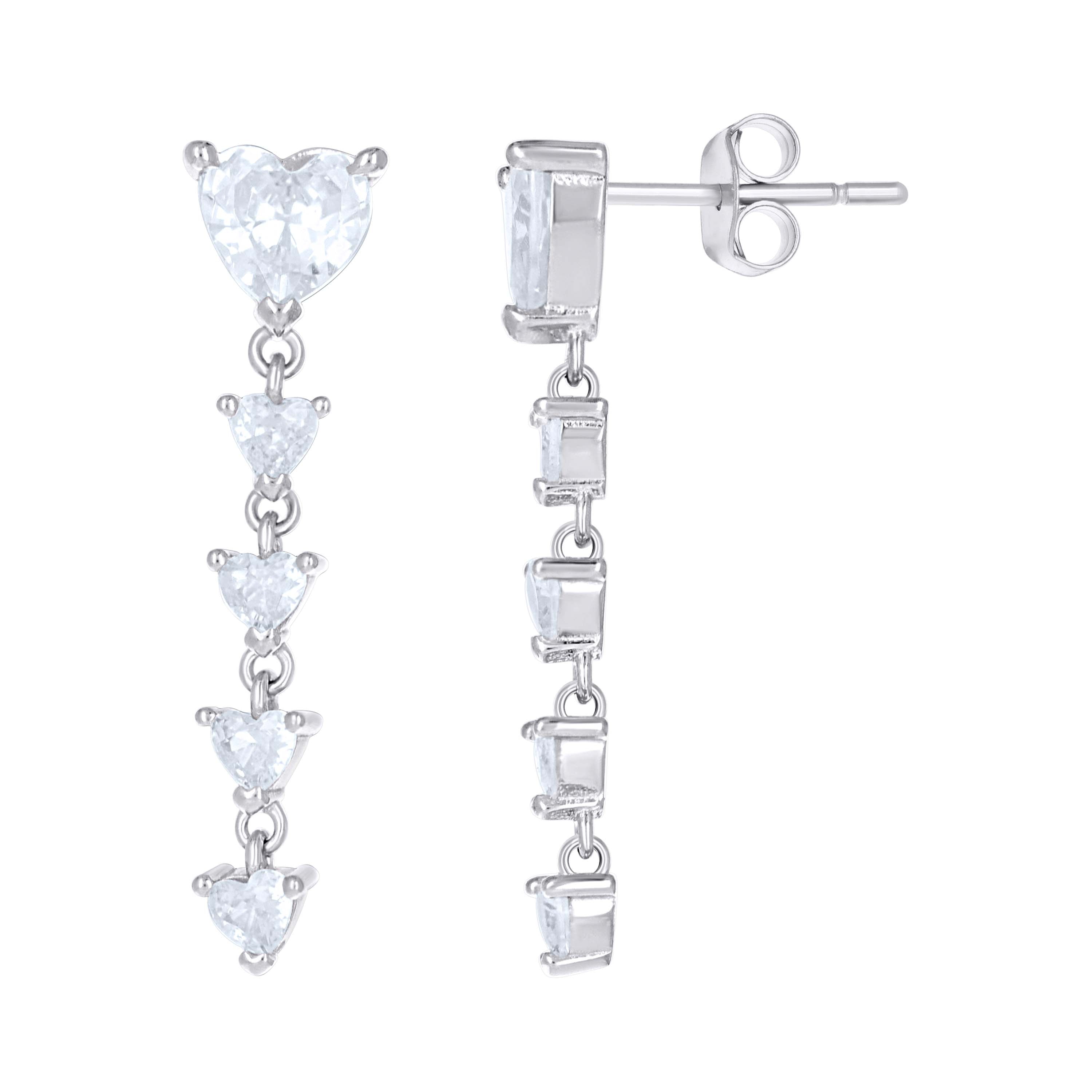 925 Sterling Silver Womens Heart Cubic-Zirconia Dangling Hearts Danglers Earrings