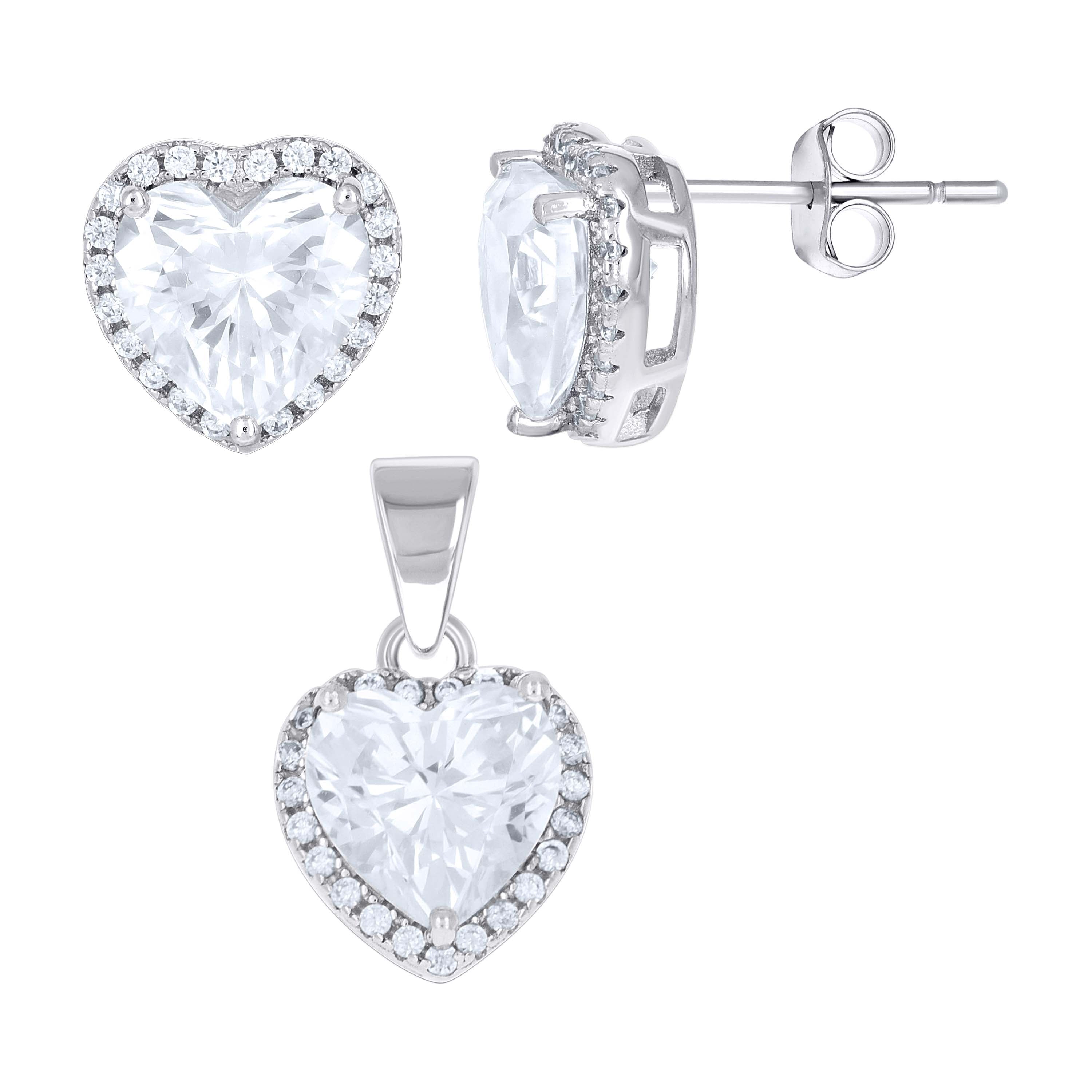 925 Sterling Silver Womens Heart Round Cubic-Zirconia Heart Earrings And Pendant Set