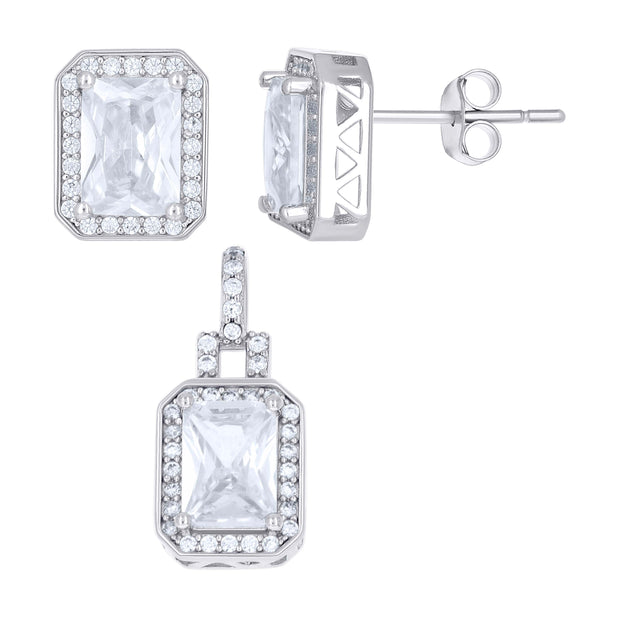 925 Sterling Silver Womens Emerald Round Cubic-Zirconia Rectangle Fashion Earrings And Pendant Set