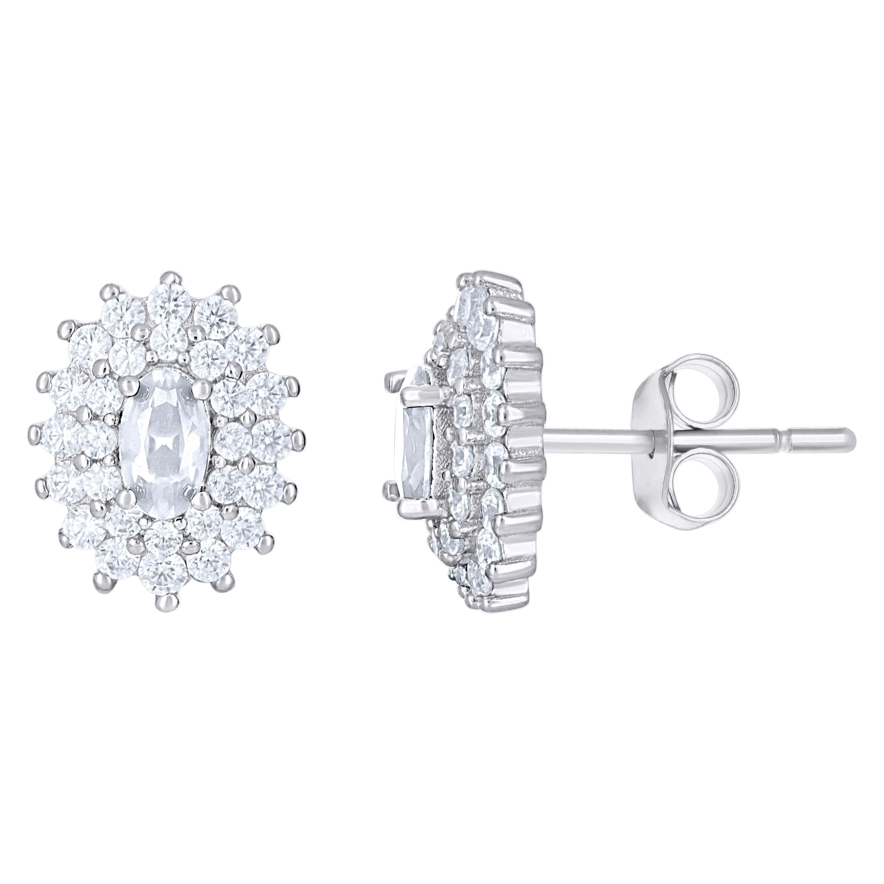 925 Sterling Silver Womens Pink White Oval Round Cubic-Zirconia Oval Fashion Stud Earrings