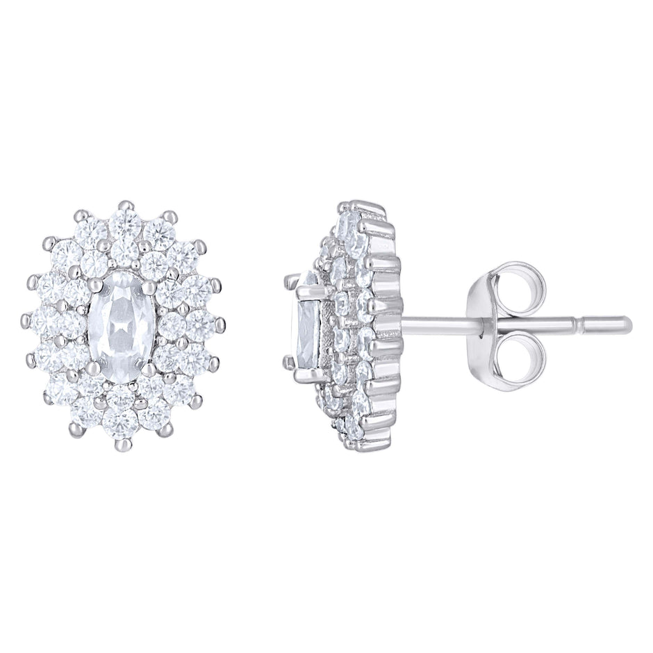 925 Sterling Silver Womens Pink White Oval Round Cubic-Zirconia Oval Fashion Stud Earrings