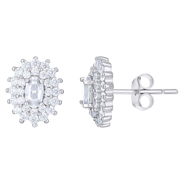 925 Sterling Silver Womens Pink White Oval Round Cubic-Zirconia Oval Fashion Stud Earrings