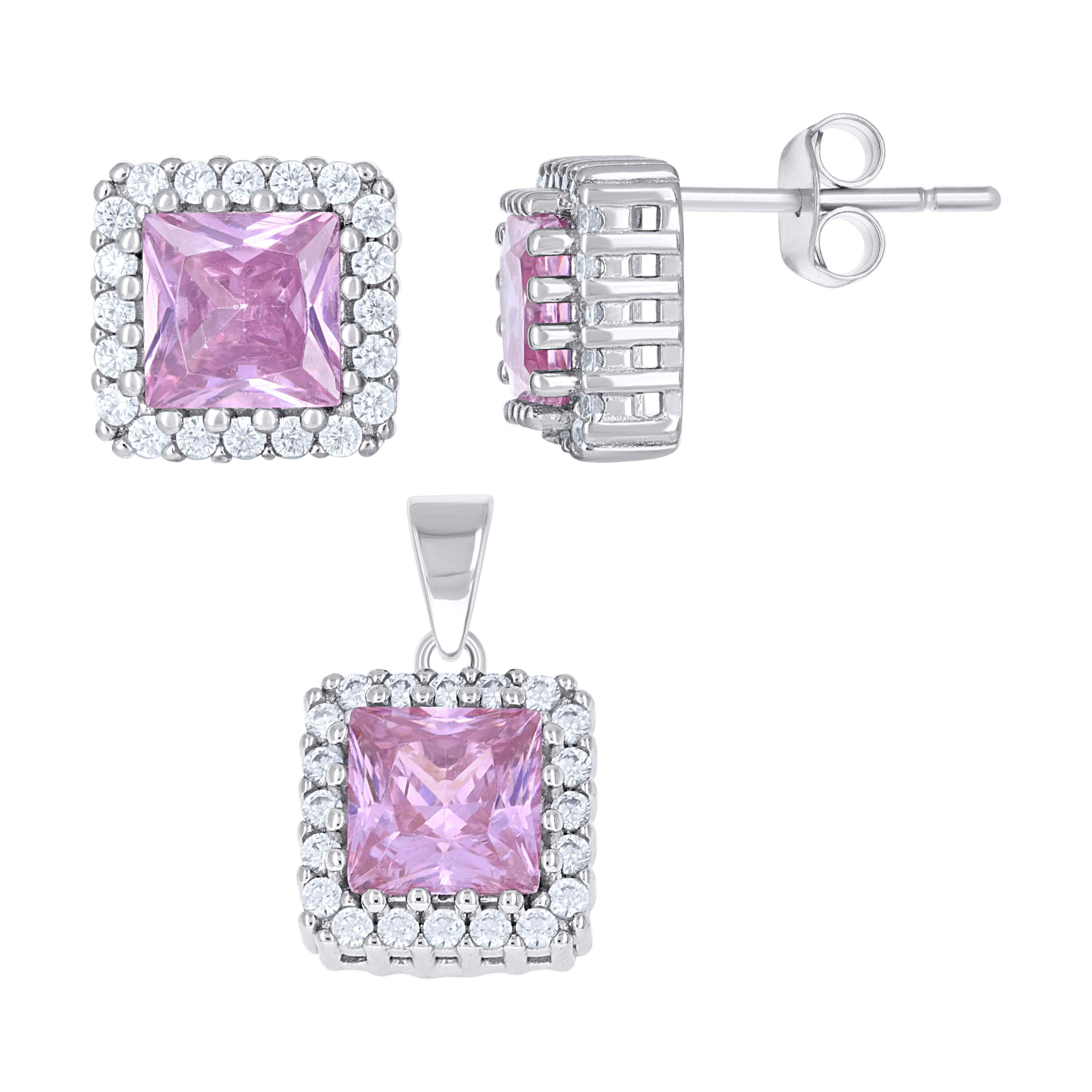 925 Sterling Silver Womens Purple White Princess-Cut Round Cubic-Zirconia Square Fashion Earrings And Pendant Set