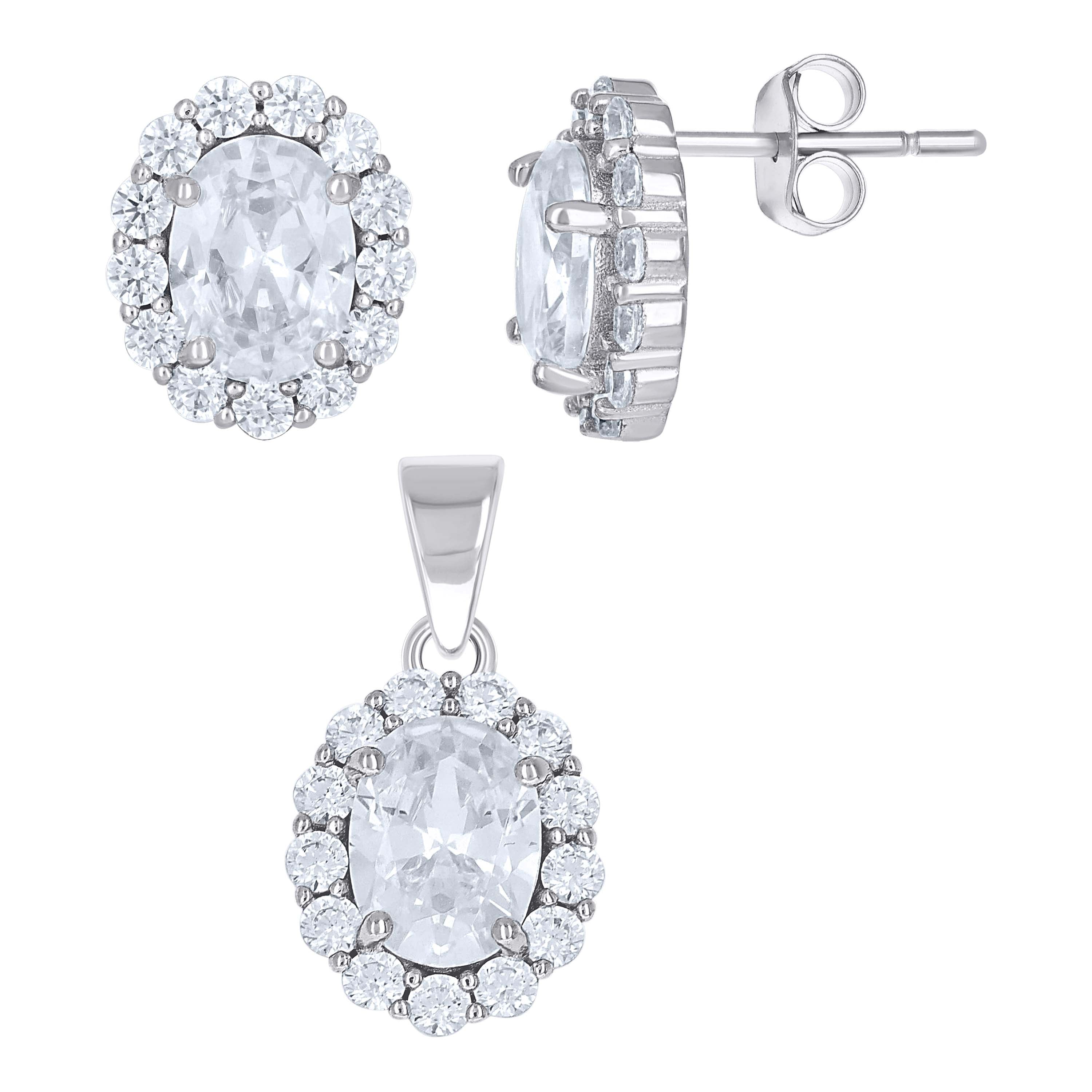 925 Sterling Silver Womens Oval Round Cubic-Zirconia Oval Fashion Earrings And Pendant Set