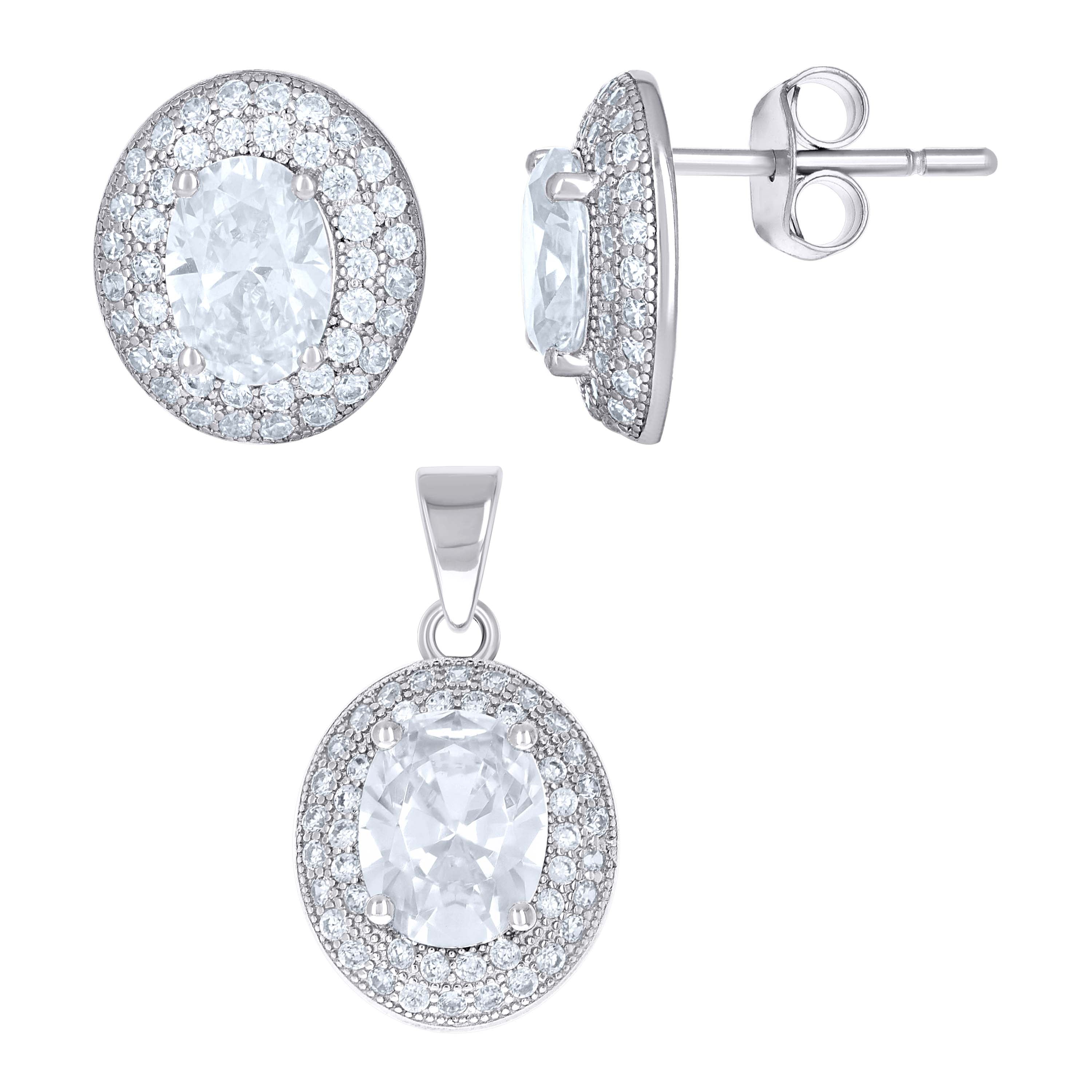 925 Sterling Silver Womens Oval Round Cubic-Zirconia Oval Fashion Earrings And Pendant Set