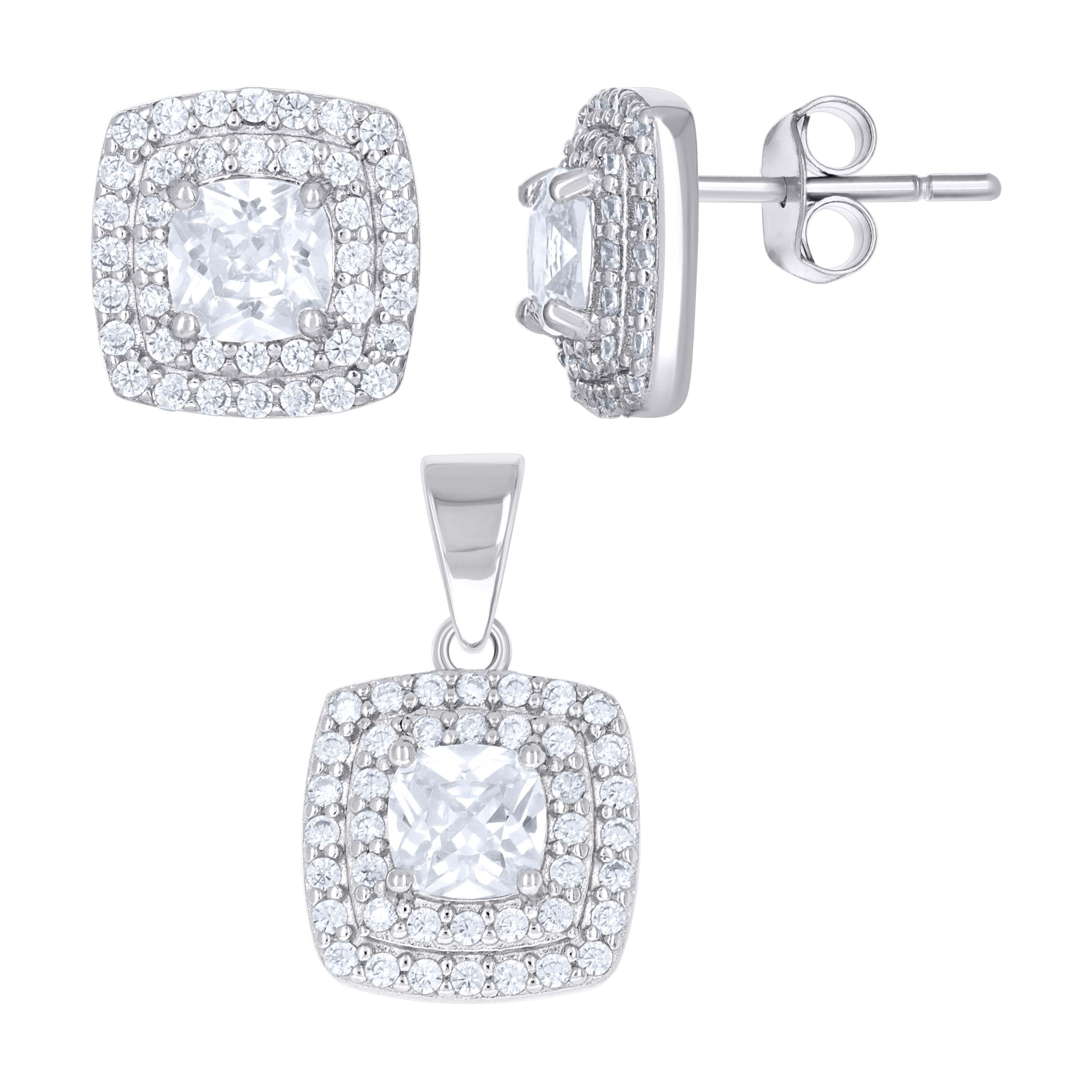 925 Sterling Silver Womens Cushion-Cut Round Cubic-Zirconia Square Fashion Earrings And Pendant Set