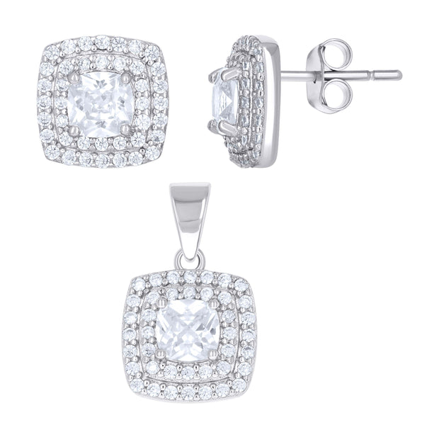 925 Sterling Silver Womens Cushion-Cut Round Cubic-Zirconia Square Fashion Earrings And Pendant Set