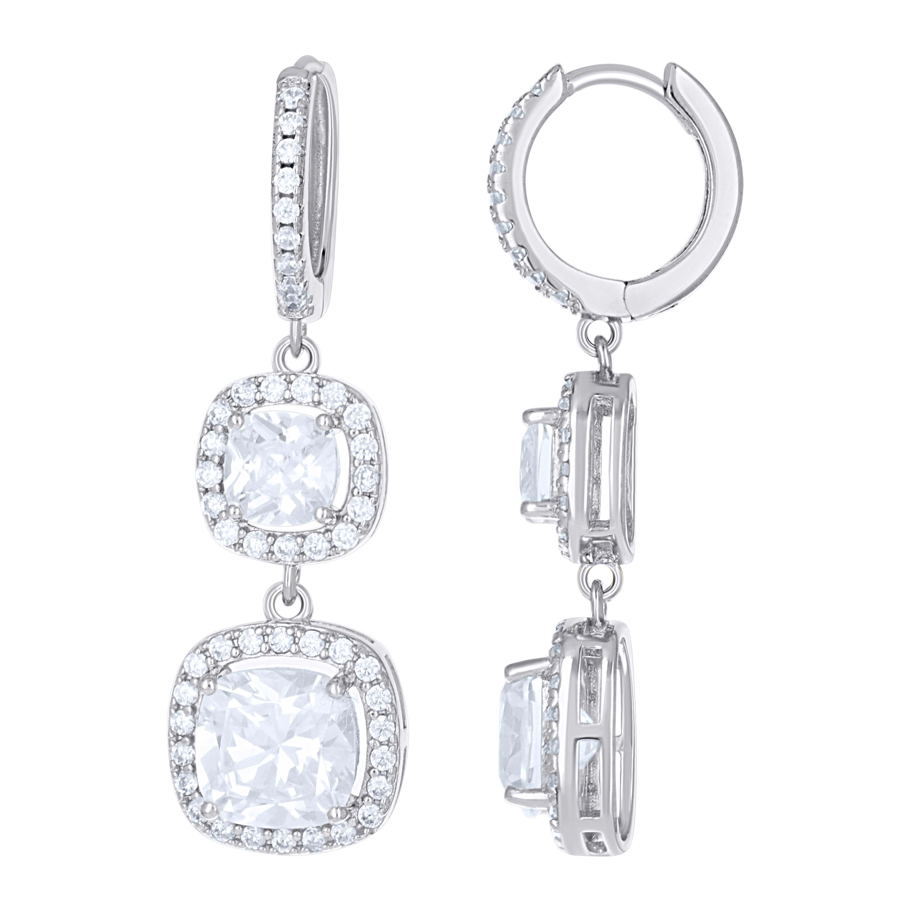 925 Sterling Silver Womens Cushion-Cut Round Cubic-Zirconia Halo Square Fashion Dangle Hoop Earrings