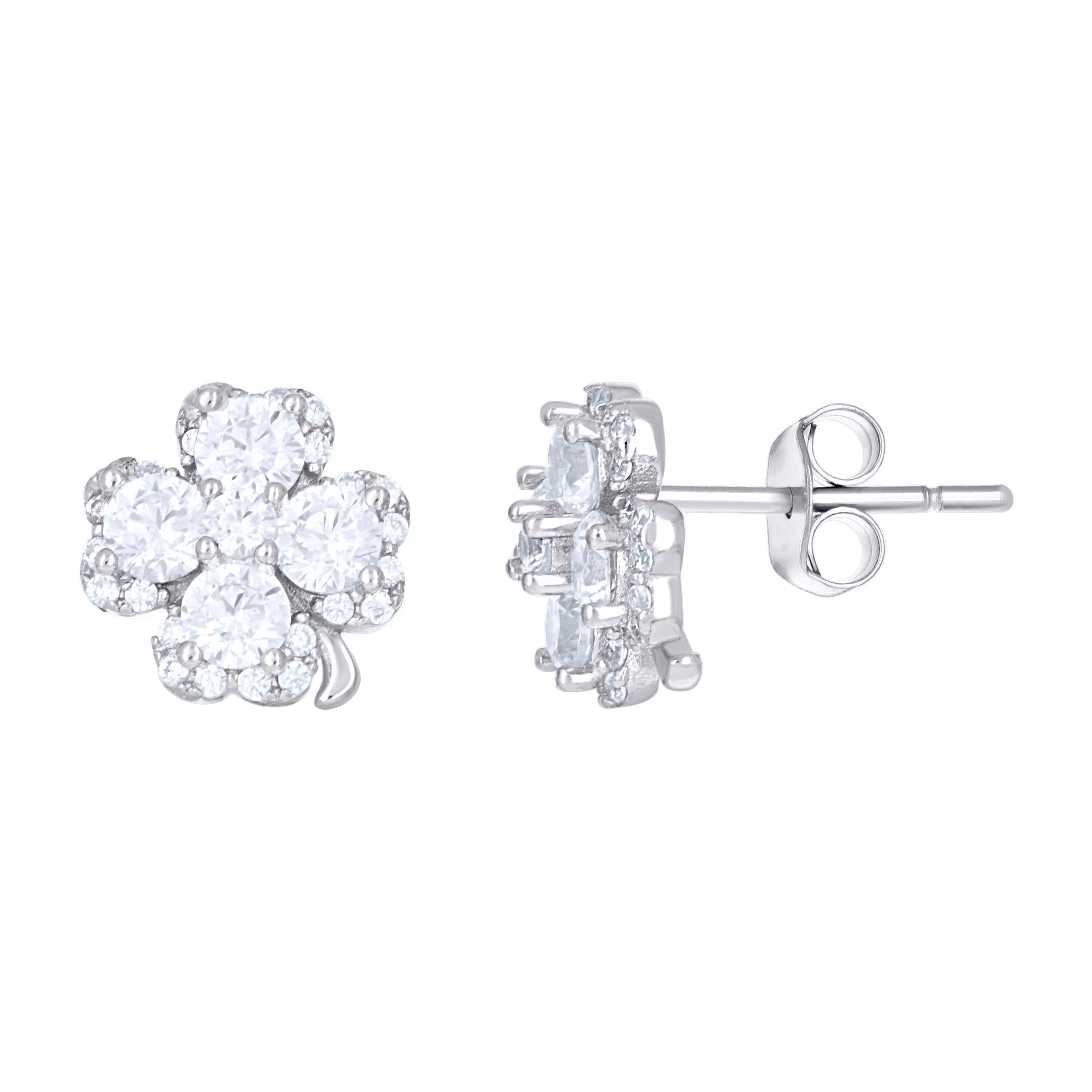 925 Sterling Silver Womens Cubic-Zirconia Clover Good Luck Stud Earrings