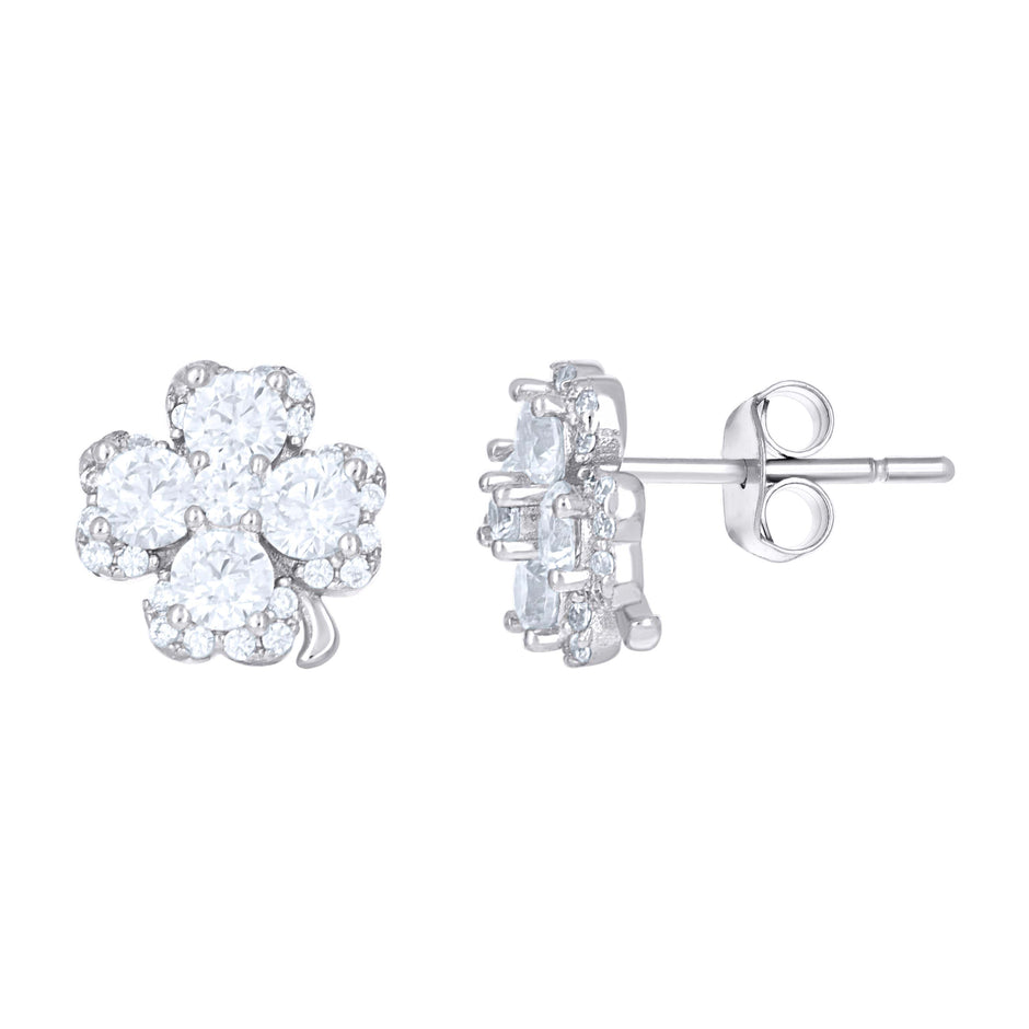 925 Sterling Silver Womens Cubic-Zirconia Clover Good Luck Stud Earrings
