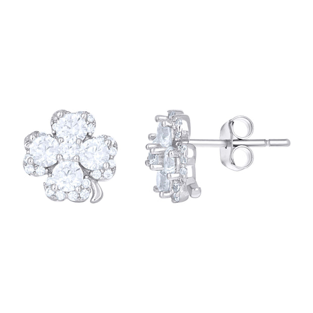 925 Sterling Silver Womens Cubic-Zirconia Clover Good Luck Stud Earrings