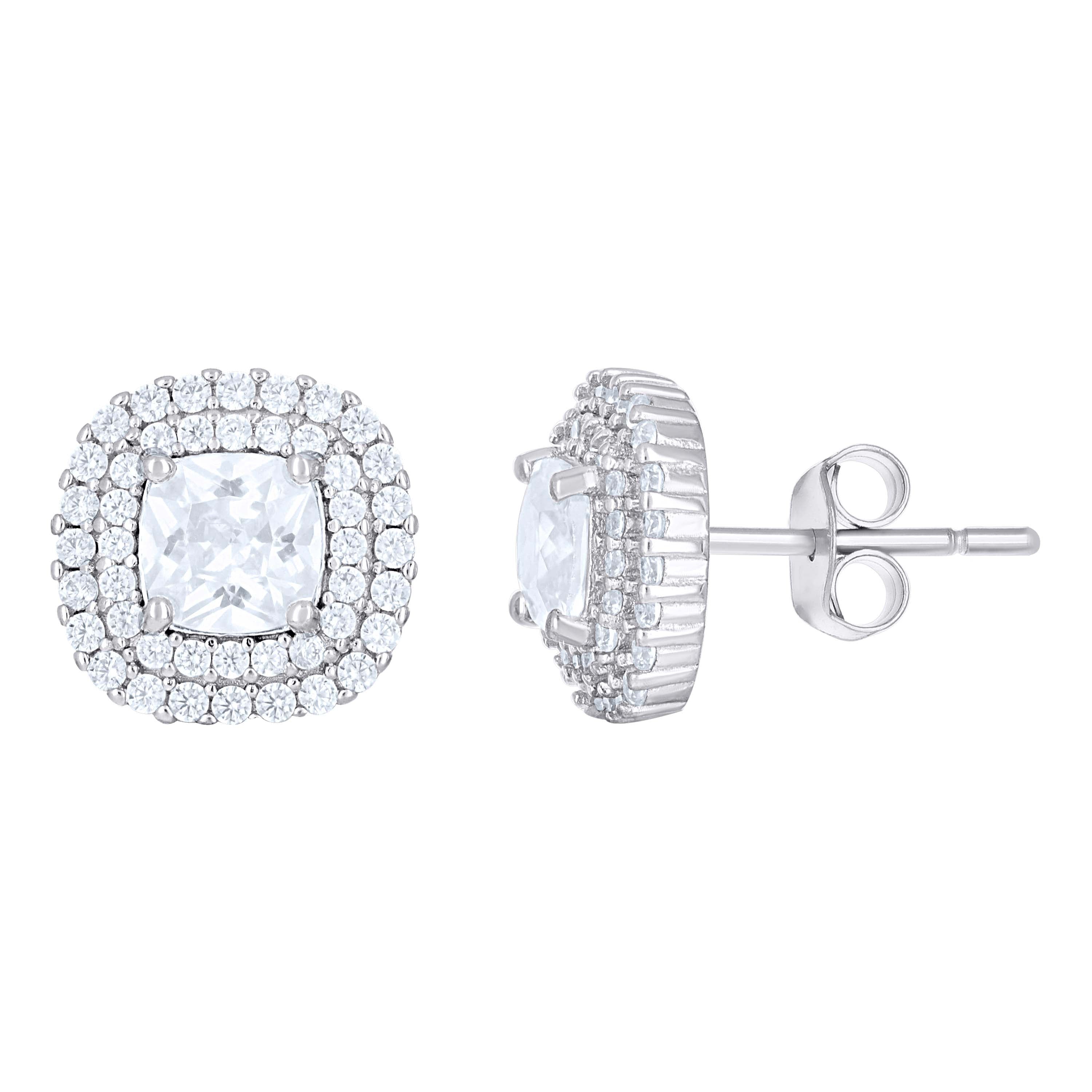 925 Sterling Silver Womens Cushion-Cut Round Cubic-Zirconia Square Fashion Stud Earrings