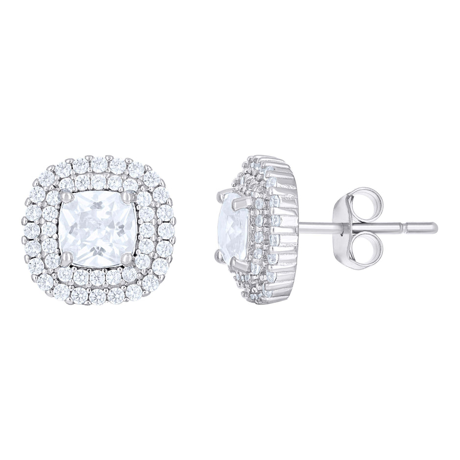 925 Sterling Silver Womens Cushion-Cut Round Cubic-Zirconia Square Fashion Stud Earrings