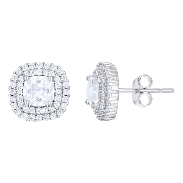 925 Sterling Silver Womens Cushion-Cut Round Cubic-Zirconia Square Fashion Stud Earrings