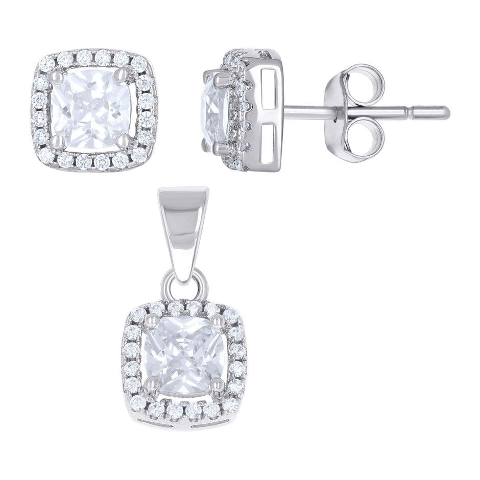 925 Sterling Silver Womens Cushion-Cut Round Cubic-Zirconia Halo Square Fashion Earrings And Pendant Set
