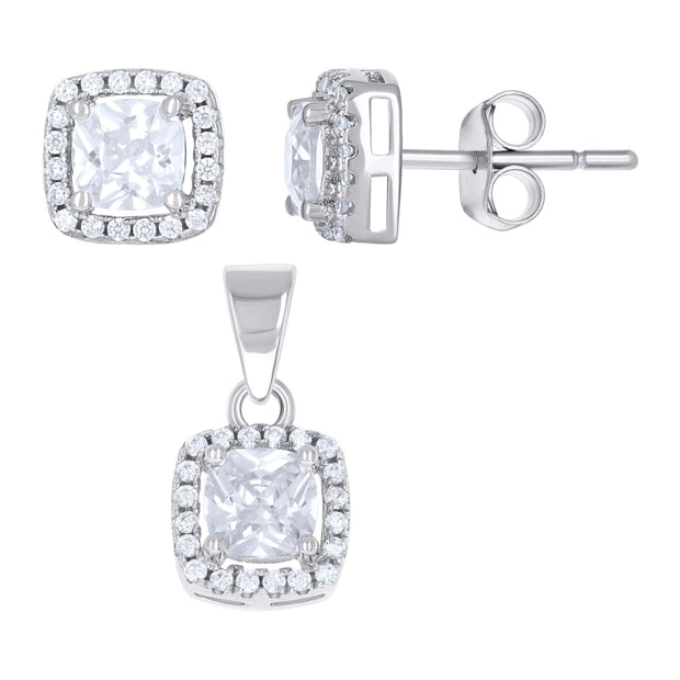 925 Sterling Silver Womens Cushion-Cut Round Cubic-Zirconia Halo Square Fashion Earrings And Pendant Set