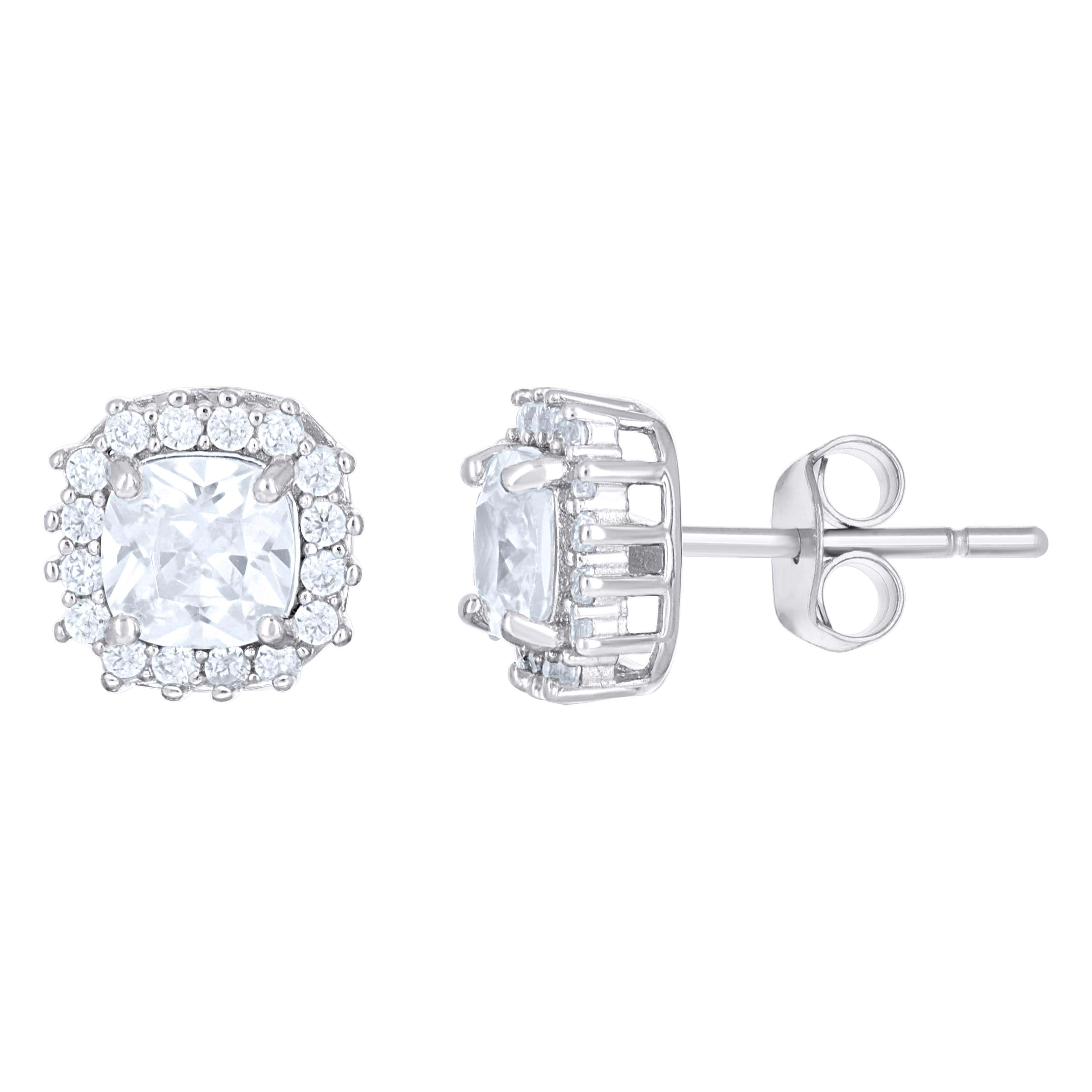 925 Sterling Silver Womens Cushion-Cut Round Cubic-Zirconia Square Fashion Stud Earrings