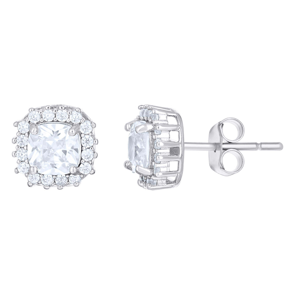 925 Sterling Silver Womens Cushion-Cut Round Cubic-Zirconia Square Fashion Stud Earrings