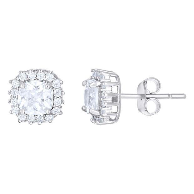 925 Sterling Silver Womens Cushion-Cut Round Cubic-Zirconia Square Fashion Stud Earrings