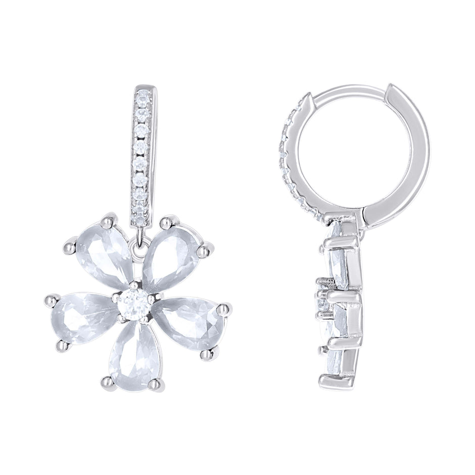 925 Sterling Silver Womens Pink White Teardrop Round Cubic-Zirconia Flower Fashion Dangle Hoop Earrings