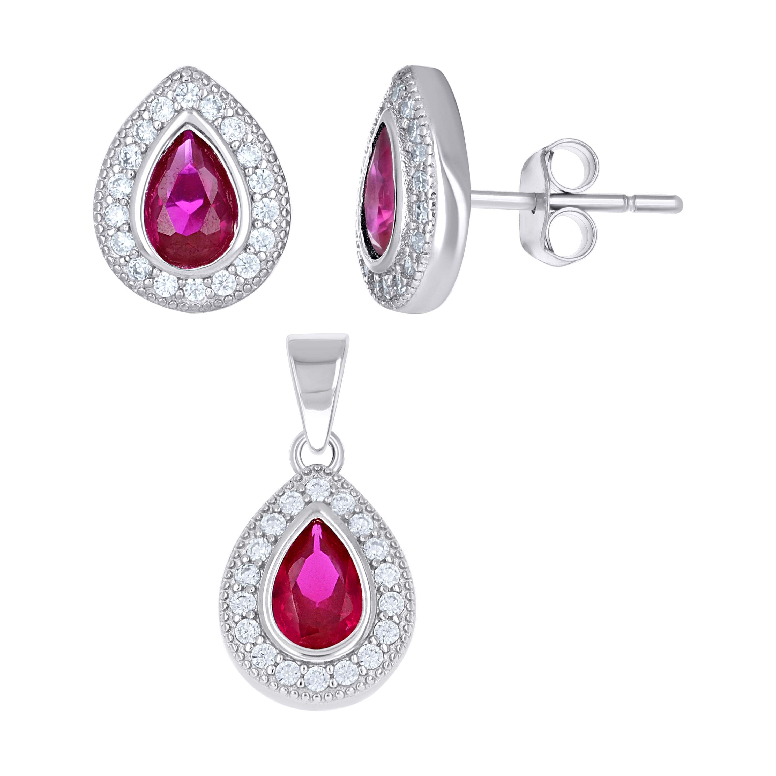 925 Sterling Silver Womens Pink White Teardrop Round Cubic-Zirconia Teardrop Fashion Earrings And Pendant Set